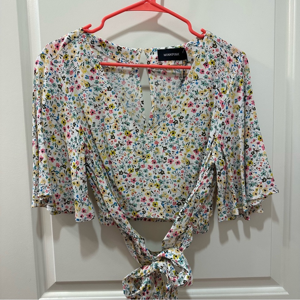 MINKPINK Blue and Pink Flutter Sleeve Tie Front Blouse